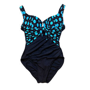 Miraclesuit Black Blue Polka Dot One Piece Tummy Control Swimsuit Sz 12